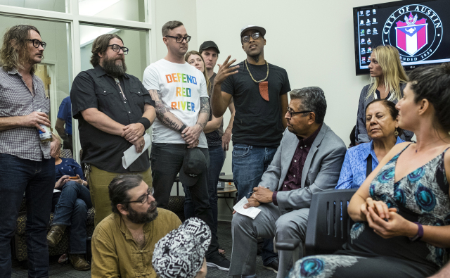 USE THIS PHOTOJuly 12, 2016 -  Riders Against the Storm artist, Chaka, center, speaks at an Austin Music Commission meeting held at city hall in Austin, Texas, on Tuesday, July 12, 2016.   RODOLFO GONZALEZ / AUSTIN AMERICAN-STATESMAN